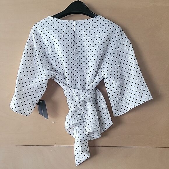 NWT Zara XS Wrap Tie Polka Dot Blk White Blouse Coquette Bow Modest Feminine Top - Picture 8 of 15